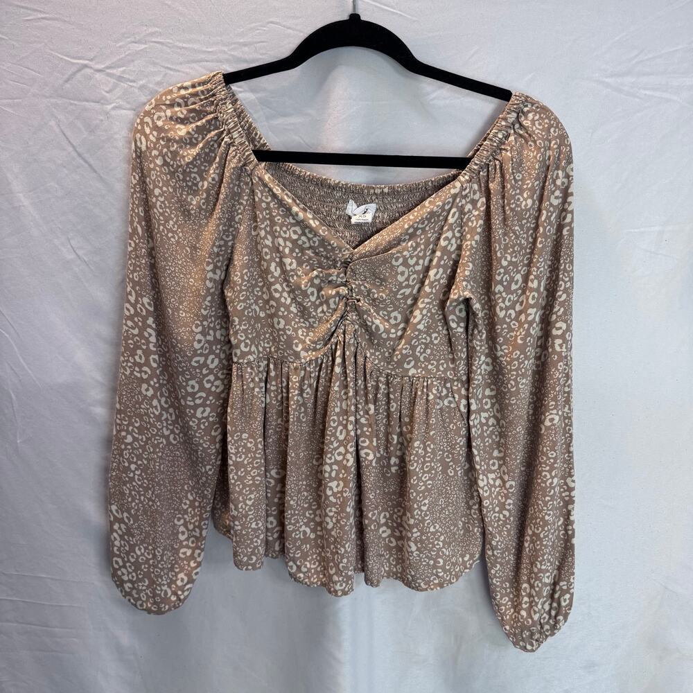 Japna Leopard Babydoll Smocked Top Womens XS Rayon Ruched Peplum Blouse Boho